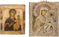 Deux icônes : Mère de Dieu de Smolensk (Smolenskaja) et Mère de Dieu 'Iverskaja' avec oklad