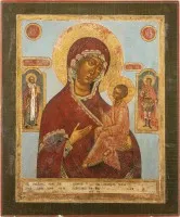 GROSSFORMATIGE IKONE MIT DER GOTTESMUTTER VON TICHWIN (TICHWINSKAJA) MIT DEN HEILIGEN NIKOLAUS VON MYRA UND GEORG