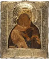 Icône fine avec la Mère de Dieu de Vladimir (Vladimirskaïa) et riza en vermeil