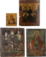 Vier iconen: miniatuuricoon van de Moeder Gods van Vladimir, Moeder Gods 'Vreugde van alle bedroefden', vierveldenicoon en heilige Demetrius