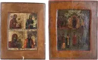 TWEE KLEINE ICONEN: MOEDER GODS POKROV EN VIERVELD-ICOON MET GENADEBEELDEN VAN DE MOEDER GODS