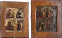 TWEE KLEINE ICONEN: MOEDER GODS POKROV EN VIERVELD-ICOON MET GENADEBEELDEN VAN DE MOEDER GODS