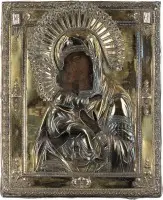 Fijne icoon van de Moeder Gods van Vladimir (Vladimirskaja) met verguld zilveren oklad