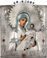 IKONE MIT DER GOTTESMUTTER 'IWERSKAJA' MIT SILBER-OKLAD