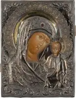 Fijne icoon van de Moeder Gods van Kazan (Kazanskaja) met verguld zilveren oklad en heilige Daria
