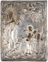 Kleine icoon van de Moeder Gods Bogolubskaja met zilveren oklad