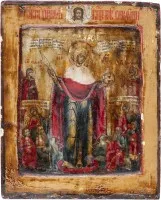Icoon van de Moeder Gods 'Vreugde van alle bedroefden' geflankeerd door de heiligen Eudokia en Catharina