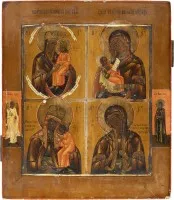 Icône à quatre champs avec des images miraculeuses de la Mère de Dieu
