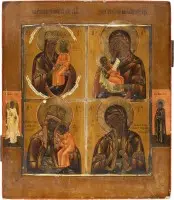 Icône à quatre champs avec des images miraculeuses de la Mère de Dieu