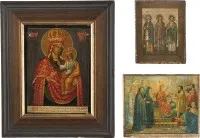 Drie iconen: icoon van de Moeder Gods van Tsjernigov (Tsjernigovskaja), de heiligen Samon, Gurij en Aviv en de Ontslaping