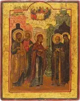 Kleine icoon met de verschijning van de Moeder Gods voor de heilige Sergius van Radonezj