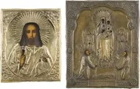 ZWEI IKONEN MIT OKLAD: CHRISTUS PANTOKRATOR UND GOTTESMUTTER 'FREUDE ALLER LEIDENDEN'