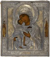 Icône très fine de la Mère de Dieu 'Feodorowskaja' avec oklad en vermeil