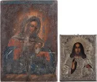 ZWEI IKONEN: CHRISTUS DER WELTENHERRSCHER MIT OKLAD UND DIE STILLENDE GOTTESMUTTER