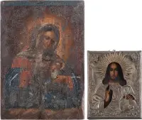 TWEE ICONEN: CHRISTUS DE HEERSER VAN DE WERELD MET OKLAD EN DE TROOSTENDE MOEDER GODS