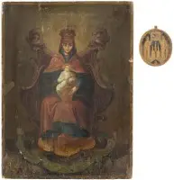 KLEINE ICON VAN DE MOEDER GODS PETSJERSKAJA EN MINIATUURSCHNEEWWERK MET DE USPENSKI-KATHEDRAAL IN KIEV