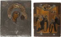 TWEE ICONEN: VERSCHIJNING VAN DE MOEDER GODS AAN DE HEILIGE SERGIUS VAN RADONEZH EN MOEDER GODS VAN KAZAN MET OKLAD