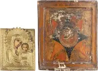 Deux icônes : Mère de Dieu de Kazan (Kazanskaïa) avec oklad et Mère de Dieu 'Buisson ardent'