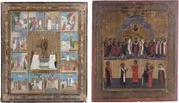 Twee iconen: Bescherming van de Moeder Gods (Pokrov) en feesticoon