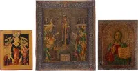 Drie iconen: Moeder Gods 'Vreugde van alle bedroefden' en Christus Pantocrator