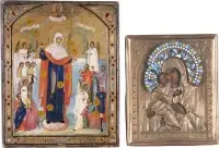 Twee kleine iconen: Moeder Gods van Vladimir met emaille oklad en Moeder Gods 'Vreugde van alle bedroefden' met de munten