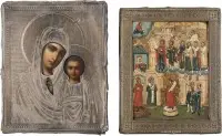 Twee kleine iconen: Moeder Gods van Kazan (Kazanskaja) met zilveren oklad en Moeder Gods Pokrov met basma