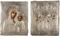 Twee kleine iconen met zilveren oklad: Moeder Gods van Kazan (Kazanskaja) en Moeder Gods Pokrov