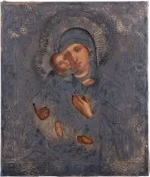IKONE MIT DER GOTTESMUTTER VON WLADIMIR (WLADIMIRSKAJA) MIT SILBER-OKLAD