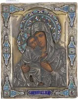 KLEINE IKONE MIT DER GOTTESMUTTER VON WLADIMIR (WLADIMIRSKAJA) MIT CLOISONNÉ-EMAIL-OKLAD