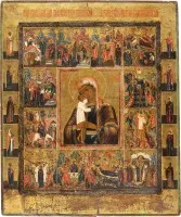 Icône de grand format et rare de la Mère de Dieu « Recherche des perdus » avec douze grandes fêtes de l'année liturgique orthodoxe