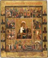 Grootformaat en zeldzame icoon van de Moeder Gods 'Zoeken van de verlorenen' met twaalf hoogfeesten van het orthodoxe kerkjaar
