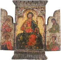 SEHR FEINES TRIPTYCHON MIT DEM THRONENDEN CHRISTUS FLANKIERT VON DER GOTTESMUTTER UND JOHANNES DEM VORLÄUFER SOWIE DEN HEILIGEN GEORG UND DEMETRIUS