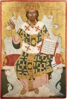 BEDEUTENDE IKONE MIT DEM THRONENDEN CHRISTUS ALS HOHEPRISTER AUS EINER KIRCHEN-IKONOSTASE