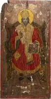 MONUMENTALE IKONE MIT DEM THRONENDEN CHRISTUS ALS HOHEPRIESTER AUS EINER KIRCHEN-IKONOSTASE