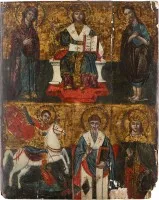 Fine icône à deux champs avec Déisis, saint Georges terrassant le dragon et les saints Spyridon et Catherine