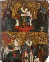 Fijne tweedelige icoon met Deesis, de heilige Joris die de draak verslaat en de heiligen Spyridon en Catharina