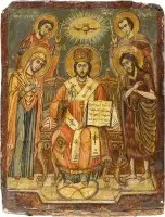 Grote icoon met de tronende Christus geflankeerd door de Moeder Gods en Johannes evenals de heiligen Georgios en Demetrios