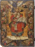GROSSFORMATIGE DATIERTE IKONE MIT DEM THRONENDEN CHRISTUS FLANKIERT VON PROPHETEN