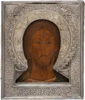 SEHR FEINE IKONE MIT CHRISTUS 'DAS GRIMME AUGE' MIT SILBER-RIZA