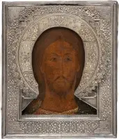 SEHR FEINE IKONE MIT CHRISTUS 'DAS GRIMME AUGE' MIT SILBER-RIZA