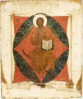 SEHR FEINE IKONE MIT DEM THRONENDEN CHRISTUS, DER ERLÖSER INMITTEN DER ENGELSMÄCHTE