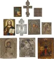 Collectie van zeven iconen en drie bronzen iconen: genadebeelden van de Moeder Gods, Christus Pantocrator en heiligen