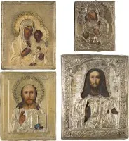 VIER KLEINE IKONEN MIT OKLAD: GNADENBILDER DER GOTTESMUTTER UND CHRISTUS PANTOKRATOR