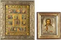 ZWEI IKONEN: CHRISTUS PANTOKRATOR MIT OKLAD UND FESTTAGSIKONE