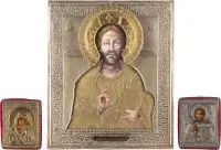 Trois icônes avec oklad : Christ Pantocrator et Mère de Dieu de Kazan (Kazanskaja)