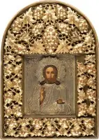 Icoon van Christus Pantocrator met oklad in kiot-lijst