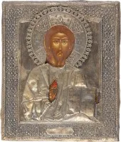 Icoon van Christus Pantocrator met zilveren oklad