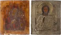 Twee iconen: Christus Pantocrator met oklad en Moeder Gods Iverskaya
