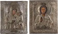 Twee iconen met oklad: Christus Pantocrator en Moeder Gods 'Iverskaya'