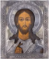 GROSSFORMATIGE IKONE MIT CHRISTUS PANTOKRATOR MIT SEHR FEINEM UND MASSIVEM VERMEIL-OKLAD